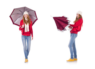 Young woman with umbrella on white