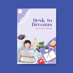 Fototapeta na wymiar Online education poster concept design for brochure,leaflet and advertise watercolor vector illustration