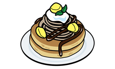 お皿に乗った栗とモンブランのパンケーキ