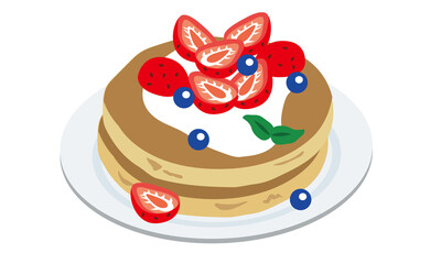 お皿に乗ったブルーベリーといちごのパンケーキ