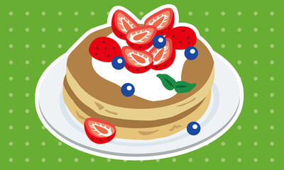 お皿に乗ったブルーベリーといちごのパンケーキ