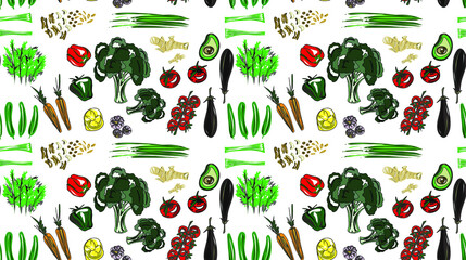 Bright pattern of vegetables on a transparent, black or color background. Tomatoes, broccoli, avocado, onions, eggplant, carrots, cucumbers, ginger, nuts. Can be placed on any background, transform. 