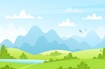 Obraz premium Vector illustration of spring summer fields landscape with trees, brush, mountains, walkway, blue sky, hills and lake. Beautiful green park background for banner, poster. Cartoon park in flat style.