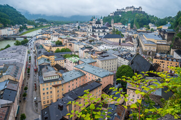View over Salzburg city panorama on a rainy day