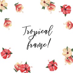 Frame with beautiful watercolor tropical flowers and leaves. Tropics. Realistic tropical leaves. Tropical flowers. - 361052174