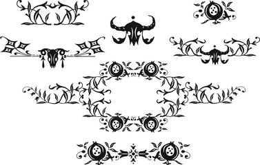 Gothic decorative ornaments, frames, dividers using elements from leaves, berries, pumpkins and skulls of horned animals to design invitations, frames, menus, labels, graphic design of a site, cafe