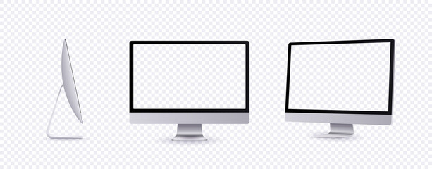 Personal computer mockup in front, side and angle view. Silver modern flat monitor for business presentation or website design show. Empty screen device set template, 3d vector illustration.
