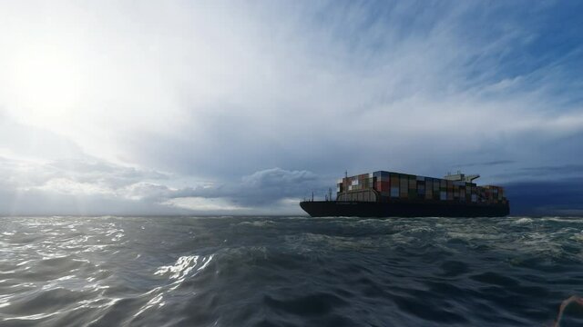 Cargo container ship against blue sky, 4k