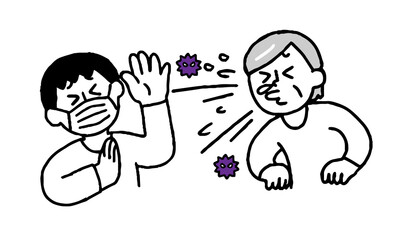 ウイルスくしゃみするシニア女性と嫌がるマスク私服男性（シンプル）