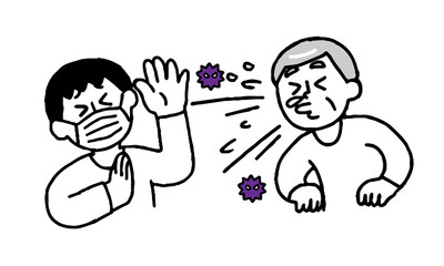 ウイルスくしゃみするシニア男性と嫌がるマスク私服男性（シンプル）