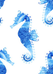 Sea Horse. Silhouette. Watercolor stain. Seamless pattern. Vector graphics