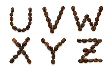 Alphabet made up of coffee beans. Isolated on a white