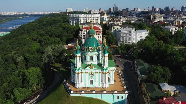 St. Andrew's Church, St. Andrew's Descent, Podil, Dnieper. Kiev. Ukraine aerial panorama view.