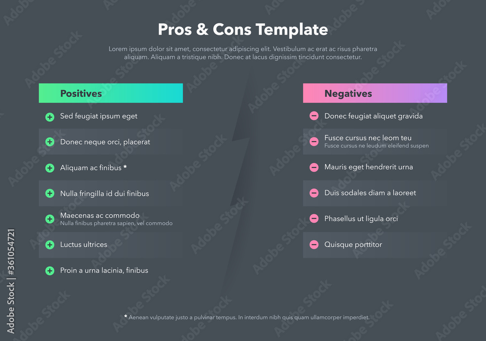 Aufkleber Simple infographic for pros and cons with place for your content - dark version. Easy to use for your website or presentation.