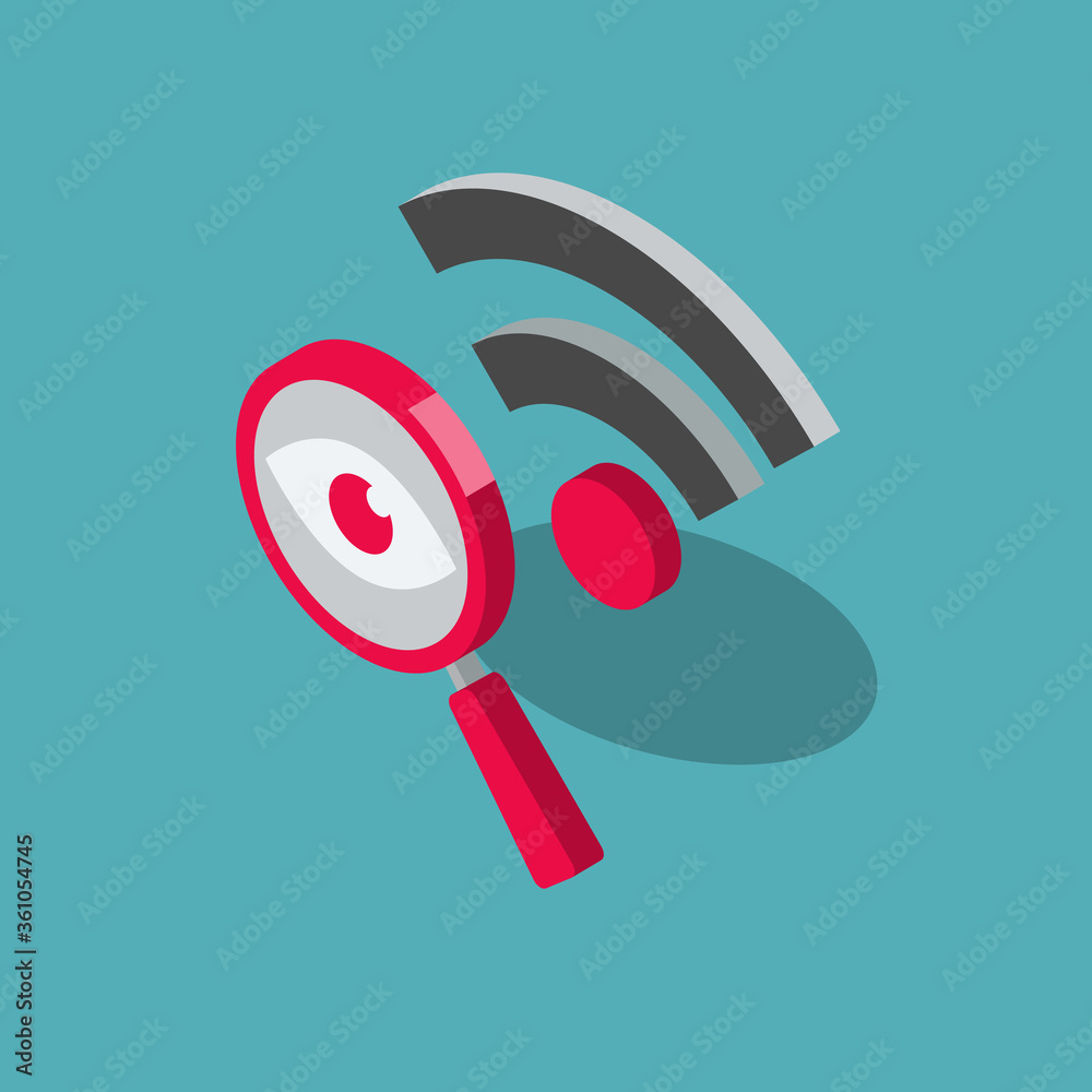 Fototapete public wi-fi security risks symbol with a magnifier and a wi-fi symbol, isolated on blue background.