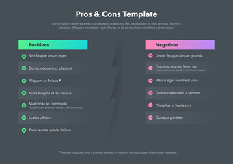 Simple infographic for pros and cons with place for your content - dark version. Easy to use for your website or presentation.