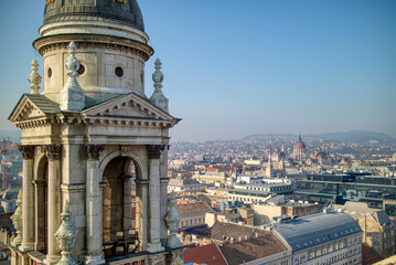 Aerial view of bell tower of St. Stephen's Basilica in Budapest, Hungary.