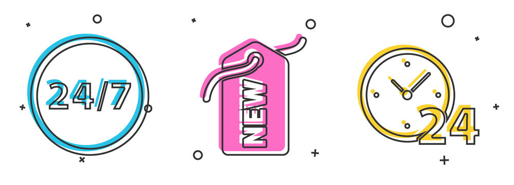 Set Clock 24 hours, Price tag with New and Clock 24 hours icon. Vector.