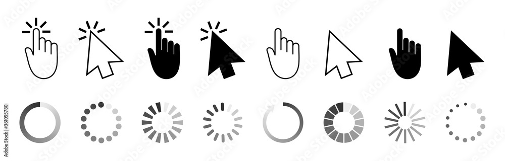Fototapete Click of mouse. Cursor icons. Pointer for computer. Arrow, hand, finger for internet button and interface of website. Web black symbols for push. Press link and wait. Digital signs for app. Vector