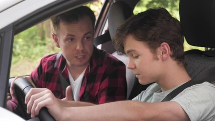 Angry dad screaming at his son. Teen boy trying to drive car. Nervous father shouting at child learning to drive car. - Powered by Adobe