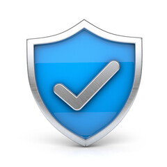 Blue and silver shield with silver check mark on white background. Blue and silver shield front view.