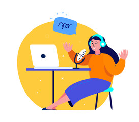 Online Blogging Podcast.Woman in Headphones Talking on Microphone, Media Radio Host. Laptop Internet. Blogger Podcaster, Broadcaster at Workspace. Entertaining Communication. Flat Vector Illustration.