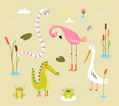 Funny swamp animals and birds, reptiles and nature. Pond living animals snake, crocodile, frogs, flamingo, duck or heron with reeds and cane. Clipart collection for kids. Funny cute print design.