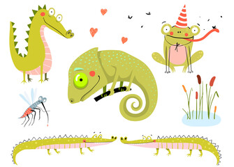 Reptile animals doodle drawing collection. Crocodile, chameleon, frog, mosquito. Swamp, pond or lake animals and nature. Vector hand drawn cartoon doodle illustration for kids.