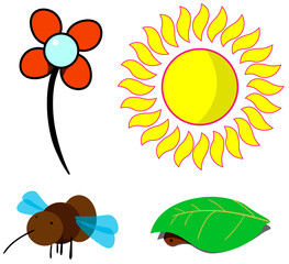 Set of sun, insect and flower with a leaf.