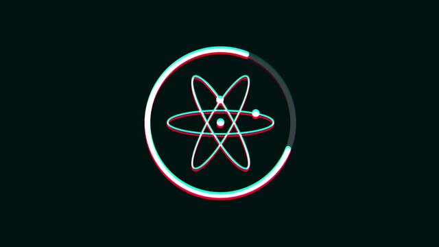 Science Atom Symbol Icon Technology Glitch Fx/ 4k animation of an abstract atom icon background with glitch textures and digital artefacts and noise effects