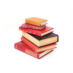 Stack of books in colour covers with white sheets isolated on a white background
