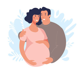 Flat illustration about pregnancy and partner birth. Young pregnant woman with husband. A man takes care and hugs his wife. Vector isolated on white background