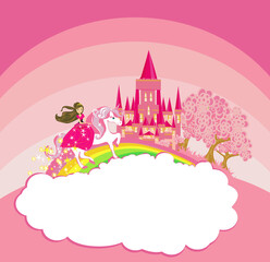 Fototapeta premium beautiful princess on a unicorn flying on a rainbow