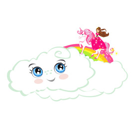beautiful princess on a unicorn flying on a rainbow