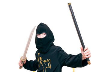 Boy age 8 fighting like karate player - black ninja.