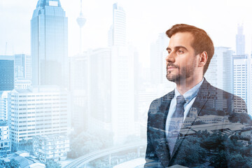 Fototapeta premium Young handsome businessman in suit thinking how to succeed, new career opportunities, MBA. Kuala Lumpur on background. Double exposure.