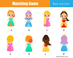 Matching game. Educational children activity with cute princess. Learning back and front