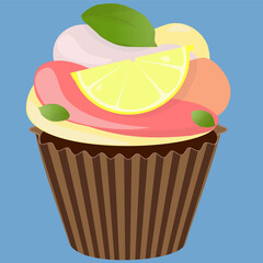 Realistic cupcake. Sweet creamy desserts muffins with lemon, delicious confectionery and baking.