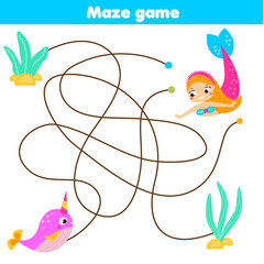 Maze game. Help mermaid find narwhal. Activity for children and kids © ksuklein