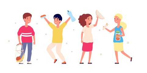 Eco friendly children. Happy kids with textile bags, reusable containers for food and bottles for water. Zero waste vector illustration. Eco friendly container, eco-friendly textile bag