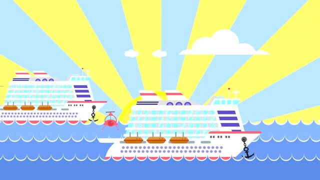 Looping animation with cruise ships on the sea against the background of the rotating rays of the sun in the blue sky with jumping fish and a dolphin. High quality 4K flat video with moving pictures.