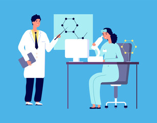 Scientists characters. People in white lab coat, chemical researcher with laboratory clinical equipment. Isolated researcher do research, chemist test. Vector illustration