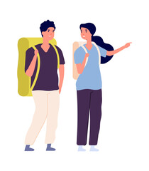 Obraz premium Travellers couple. Man woman travel with backpacks. Isolated happy people find trip, tourists vector characters. Backpacker woman and man, tourism hiking couple, vector illustration