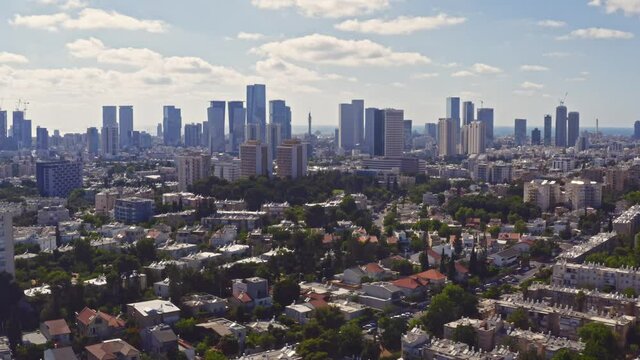 Aerial drone view to Tel Aviv business skyline, Israel, 4k