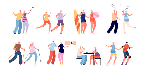 Elderly people activities. Seniors sport, healthy active couple. Grandparents lifestyle, old male female run and travel vector illustration. Grandfather couple grandmother, healthy elderly lifestyle