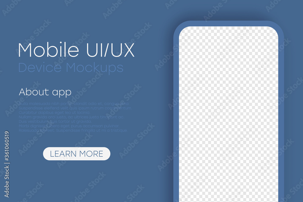 Poster Smartphone mockup with blank transparent screen. Realistic cellphone template in front view with shadow. Infographics or presentation. UI, UX design with phone for website page. Vector Illustration.