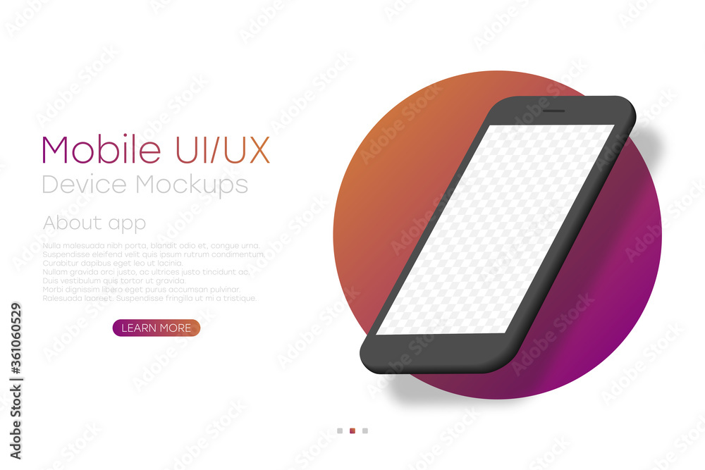 Poster Smartphone mockup with blank transparent screen. 3d isometric cellphone template with shadow. Smartphone in perspective view for infographics or presentation. UI design for website page. Vector
