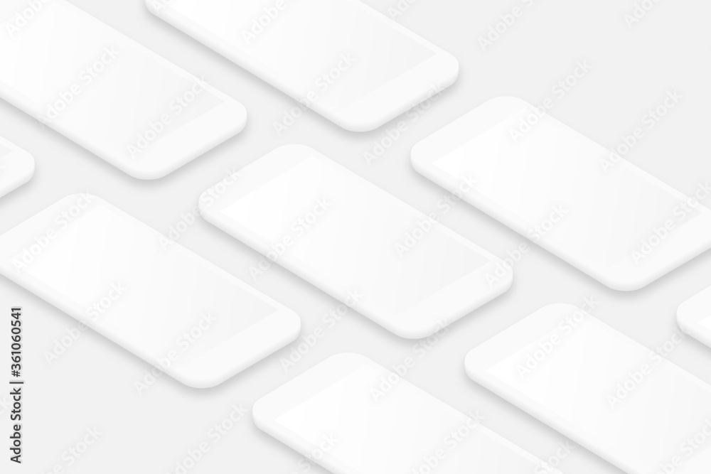 Poster white smartphones mockup with blank screen. realistic cell phones frames with shadow. 3d isometric s