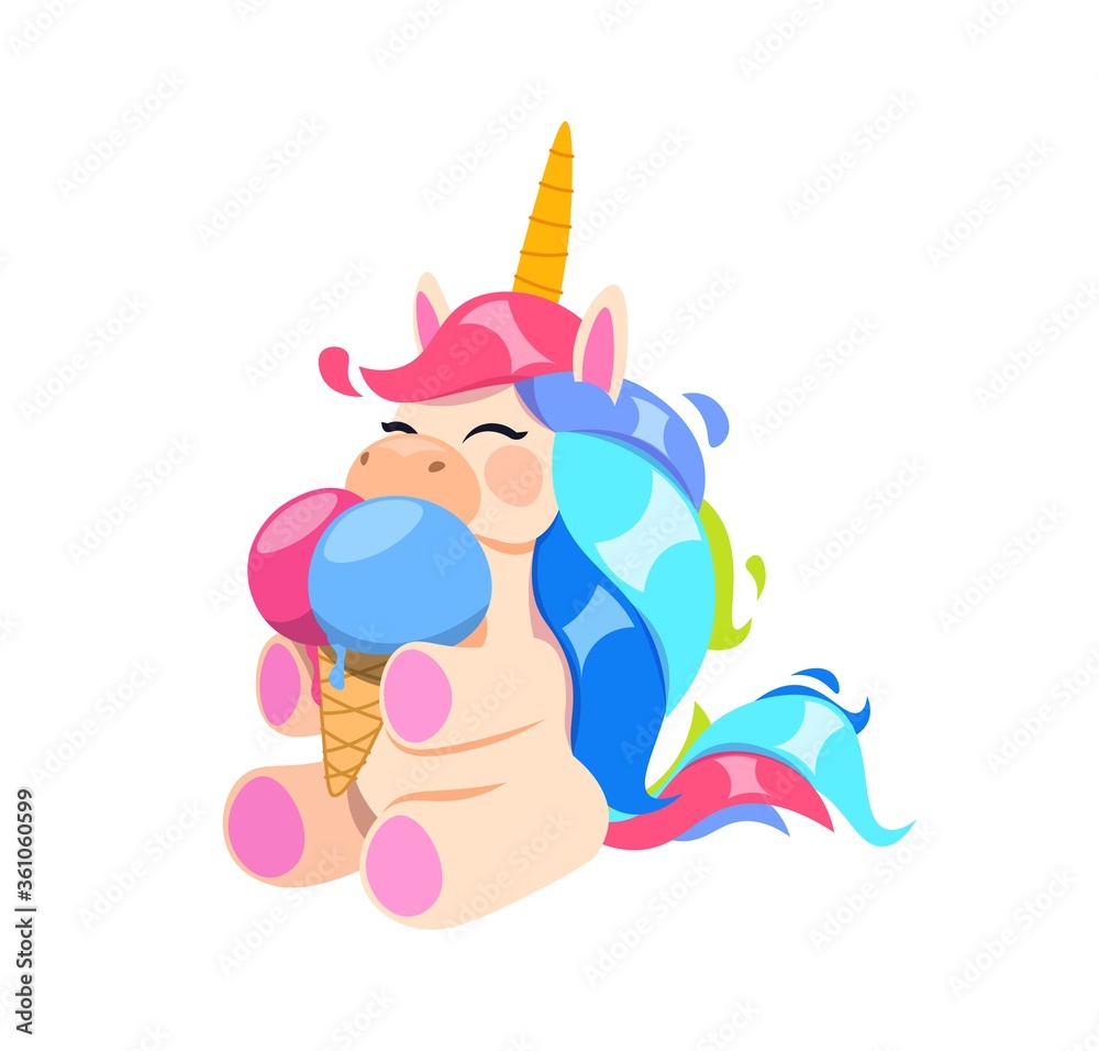 Sticker Happy unicorn with ice cream. Little magic horse eating tasty dessert. Cafe bar bakery or coffee shop print design. Isolated sweet vector illustration. Happy unicorn with ice cream, animal eat dessert