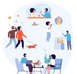 One couple life. Daily routine, cozy home lifestyle. Self isolation period, man woman living together. People drinking coffee, walking dog, calling parents and communicate vector illustration